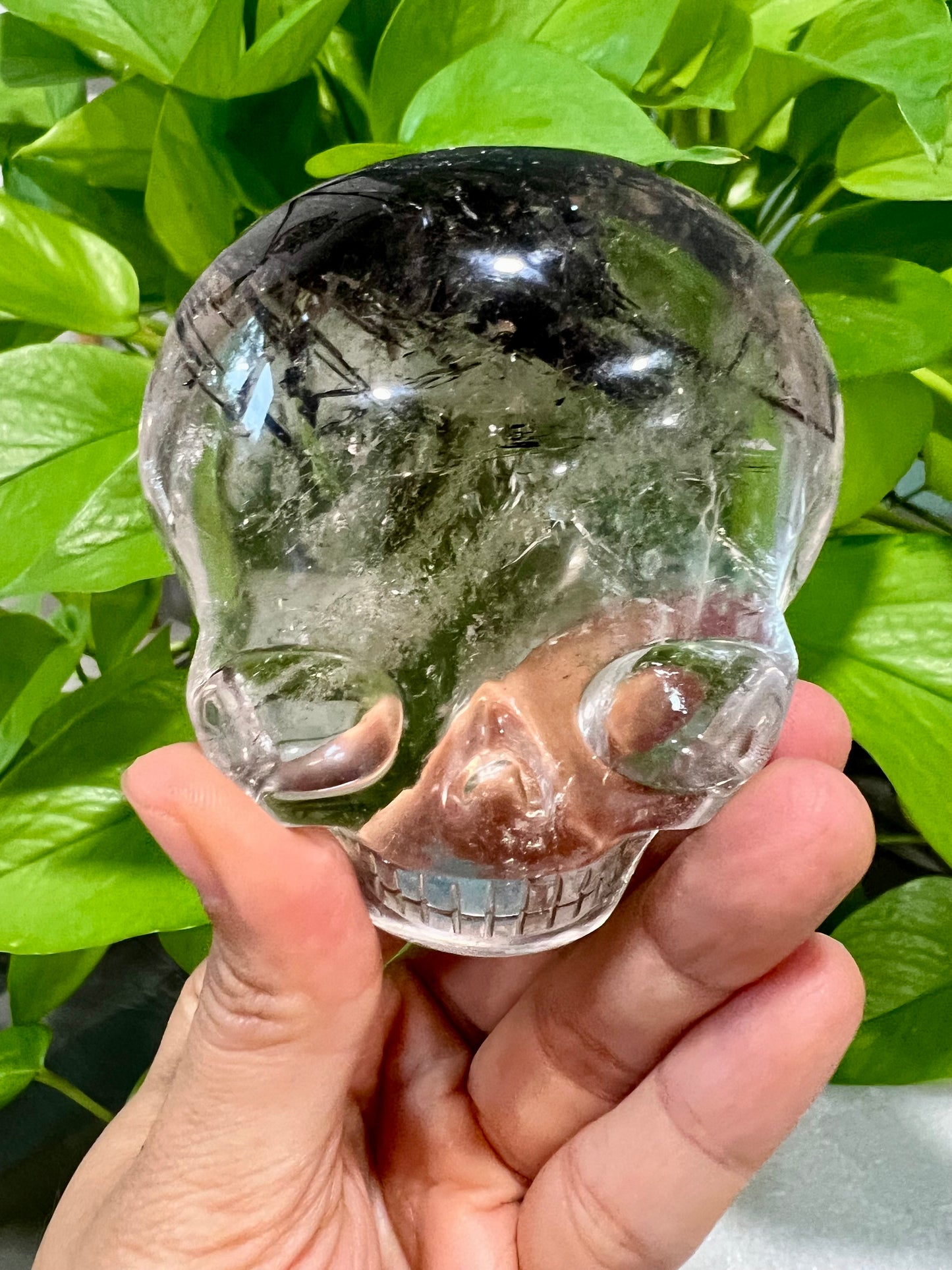 Black Tourmaline in Quartz Palm Skull