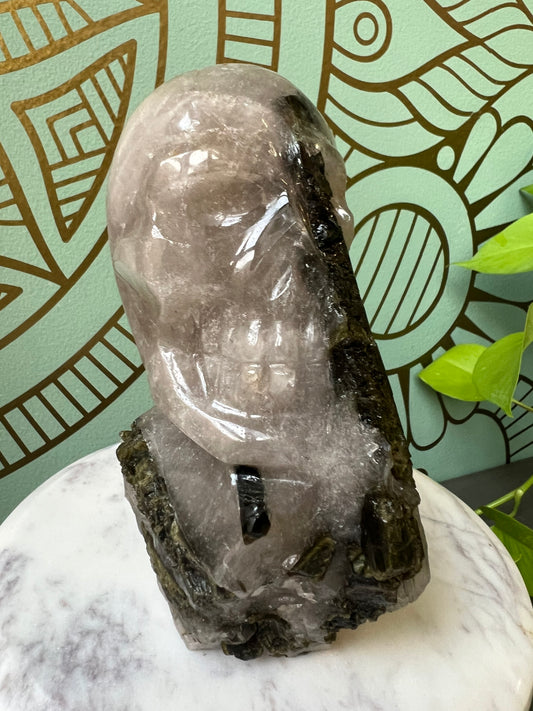 Green Tourmaline in Quartz Skull