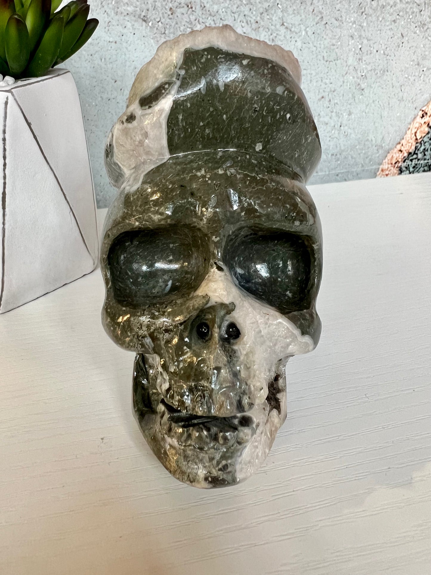 Druzy Quartz in Slate skull