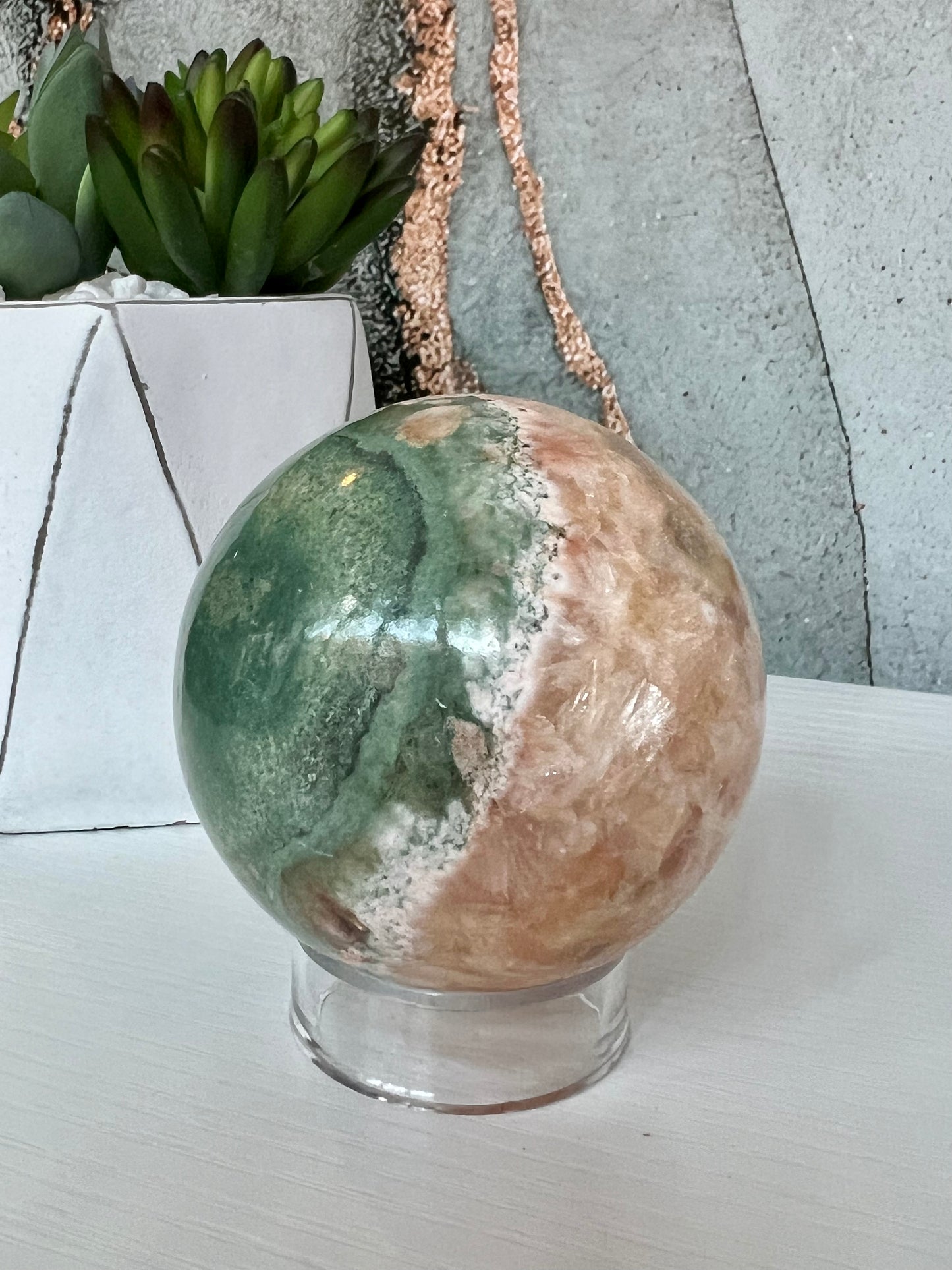 Stilbite with Moss Agate sphere